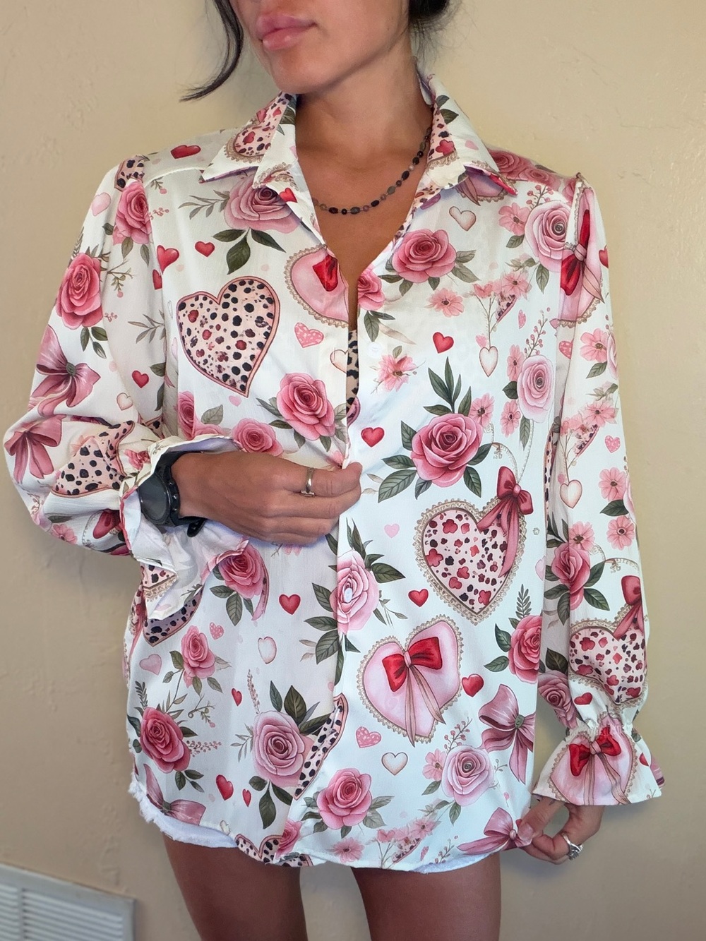 Funky Button-Up Oversized Blouse Pink Rose & Heart Print Ruffled Sleeve Cuff